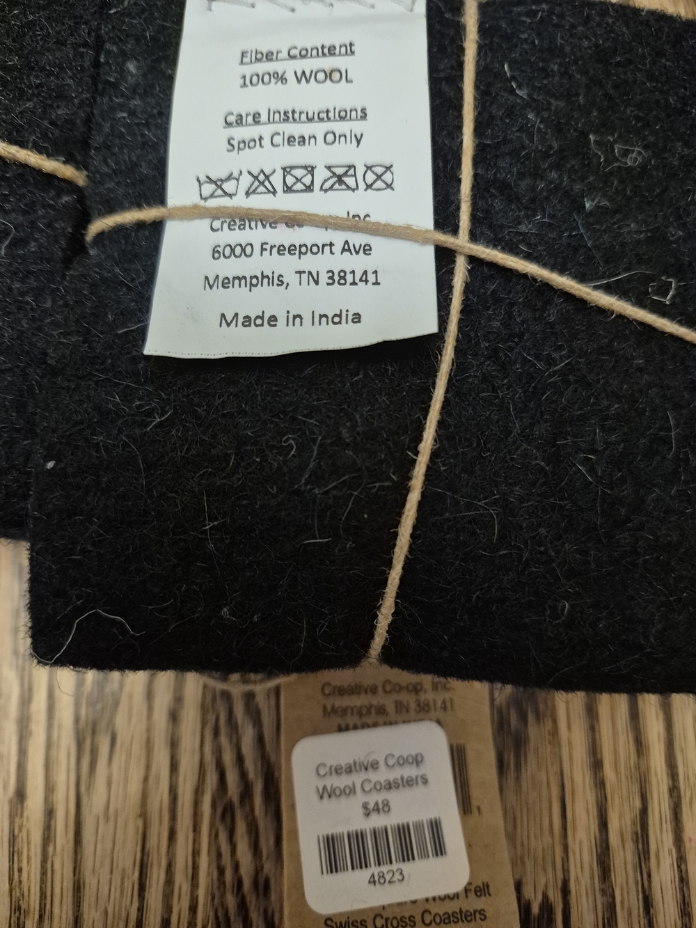 Creative Co-Op Black 100% Wool Accent Coasters with White Cross - Picture 2 of 3